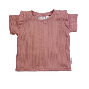 Ruffle pointelle – Pink clay korte mouw