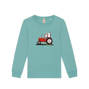 Teal sweater met rode tractor