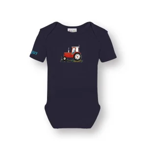 Blauw rompertje met rode trekker