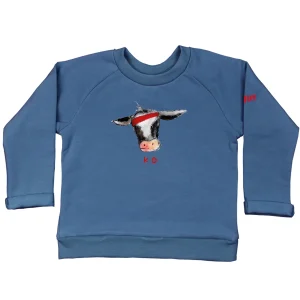 Blauwe sweater met koetje